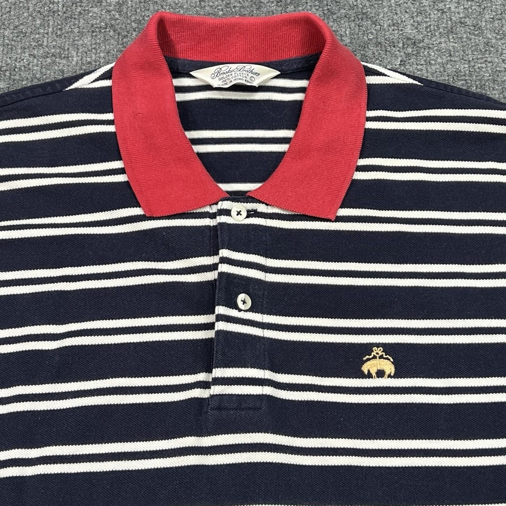 Brooks Brothers Polo Shirt Mens Large Blue Striped Red Collar Golden Fleece VTG